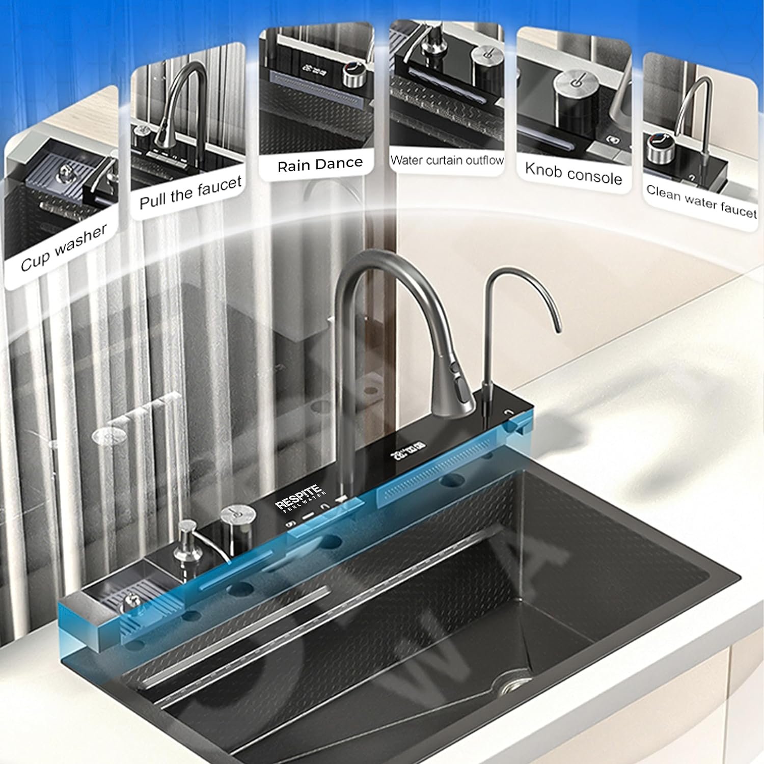 Kitchen Sink Flying rain Waterfall Kitchen Sink Set 30x 18 304 Stainless  Steel Sink with Pull Down Faucet, and Accessories